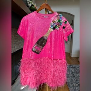 NWOT Queen of Sparkles Birthday Queen Hot Pink Sequin Feathered Dress Small